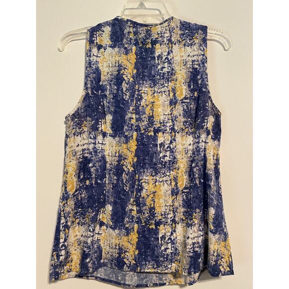 Elena Solano Sleeveless Linen Rayon Large Blouse Ruffle Front Blue Yellow - Picture 6 of 9